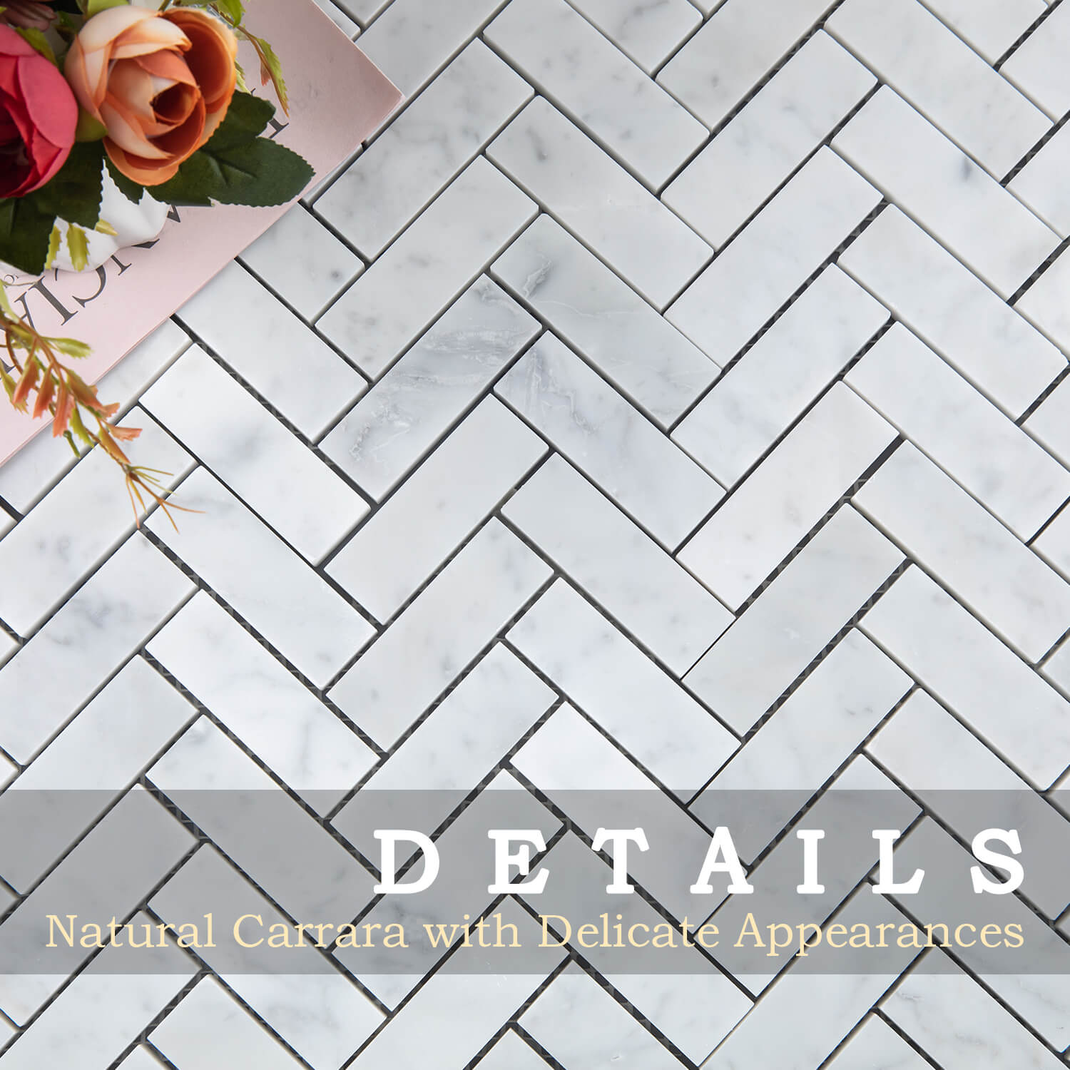 Carrara White Marble Mosaic Tile, Herringbone, 1*3 Inches, Polished, CA26