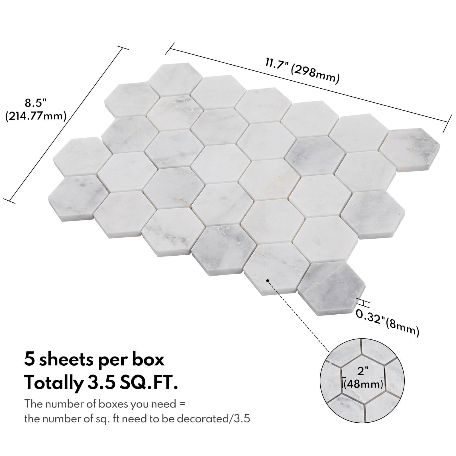 Bianco Orion White Marble Stone 2 Inch Hexagon Marble Mosaic Tile for Kitchen Wall Bathroom Shower Floor (5 Sheet, Honed)