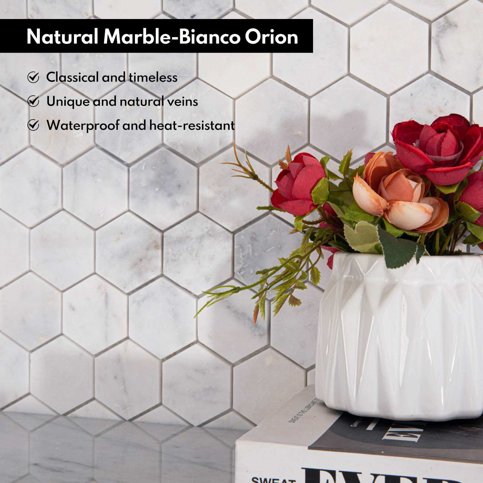 Bianco Orion White Marble Stone 2 Inch Hexagon Marble Mosaic Tile for Kitchen Wall Bathroom Shower Floor (5 Sheet, Honed)