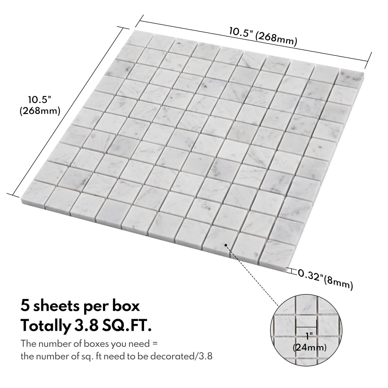 Carrara White Marble Stone 1 Inch Square Italian Bianco Carrera Marble Mosaic Tile for Kitchen Wall Bathroom Shower Floor (5 Sheet, Honed)