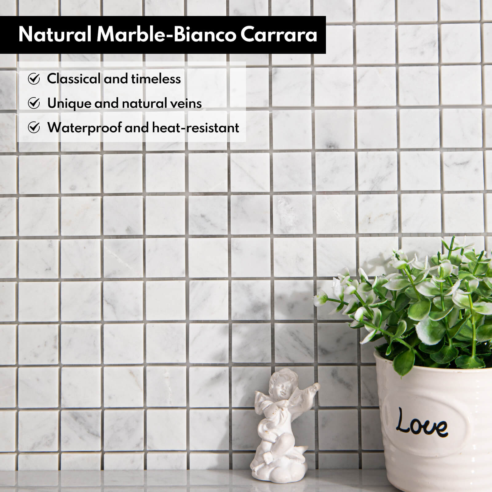 Carrara White Marble Stone 1 Inch Square Italian Bianco Carrera Marble Mosaic Tile for Kitchen Wall Bathroom Shower Floor (5 Sheet, Honed)