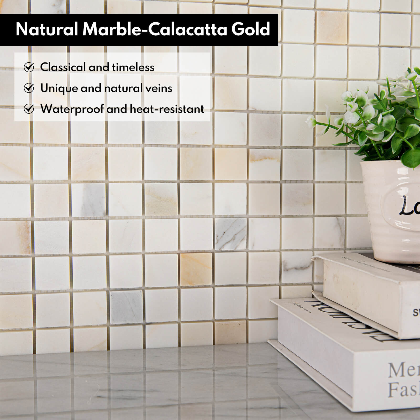 Calacatta Gold Marble Stone 1 Inch Square Marble Mosaic Tile for Kitchen Wall Bathroom Shower Floor (5 Sheet, Honed)