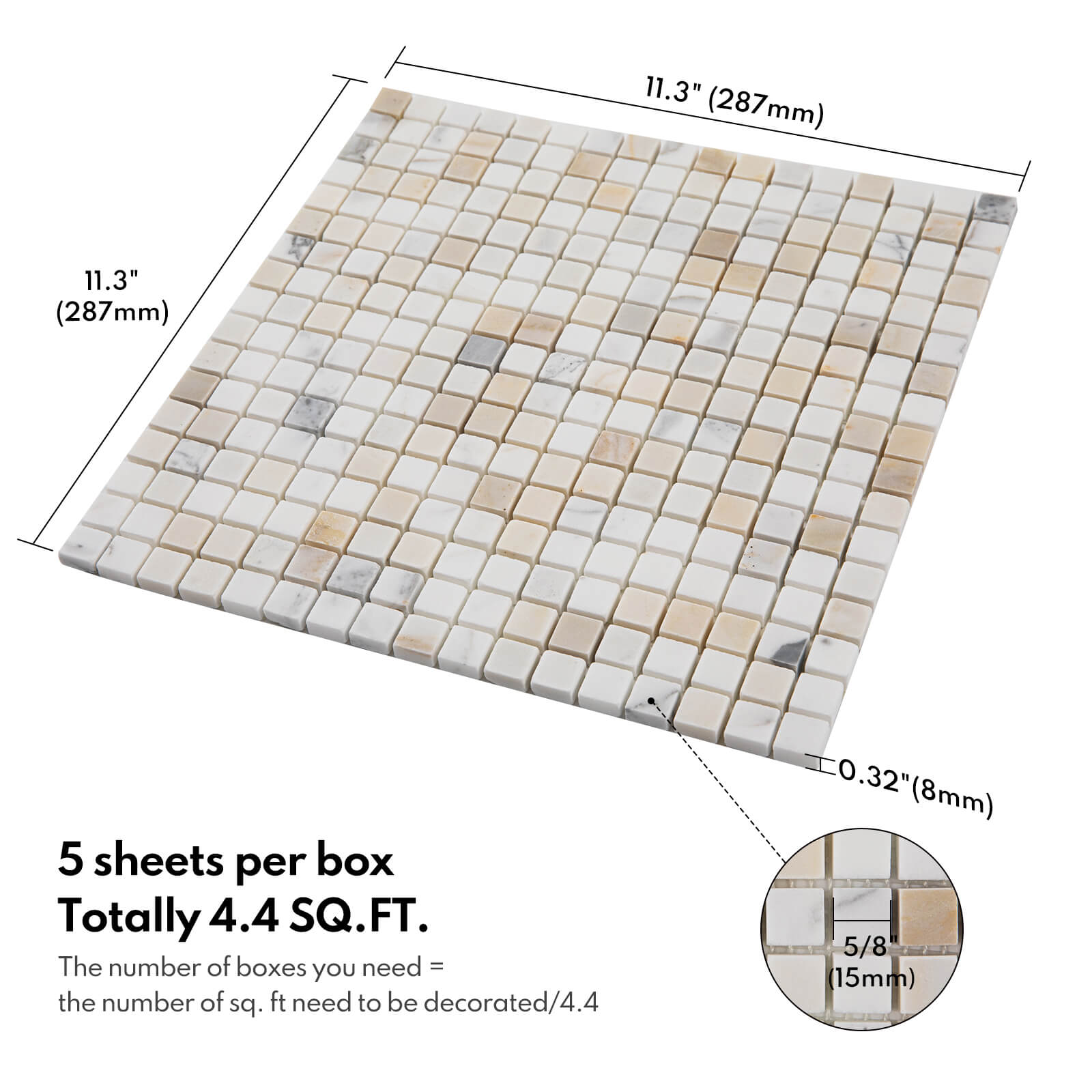 Calacatta Gold Marble Stone 5/8 Inch Square Marble Mosaic Tile for Kitchen Wall Bathroom Shower Floor (5 Sheet, Honed)