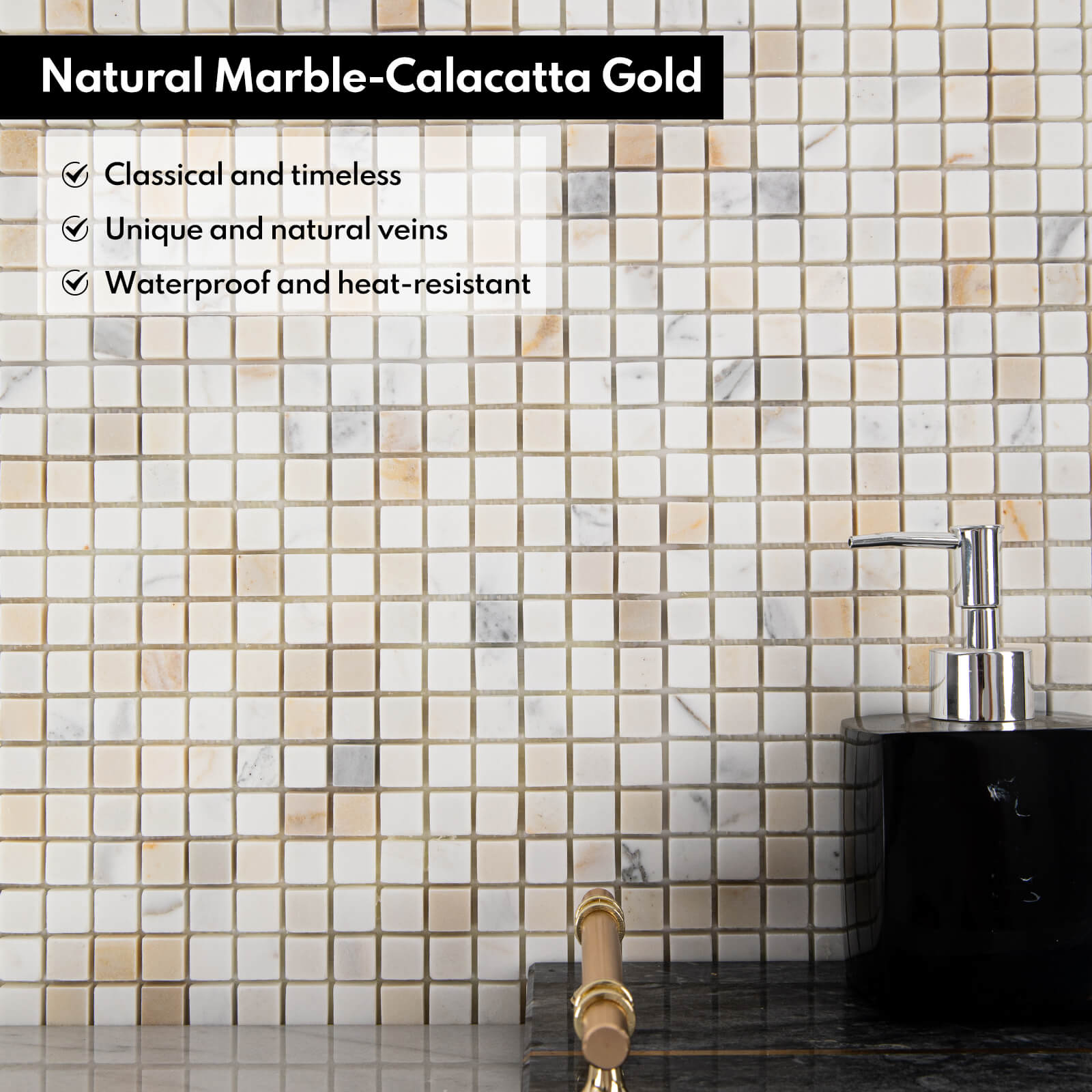 Calacatta Gold Marble Stone 5/8 Inch Square Marble Mosaic Tile for Kitchen Wall Bathroom Shower Floor (5 Sheet, Honed)