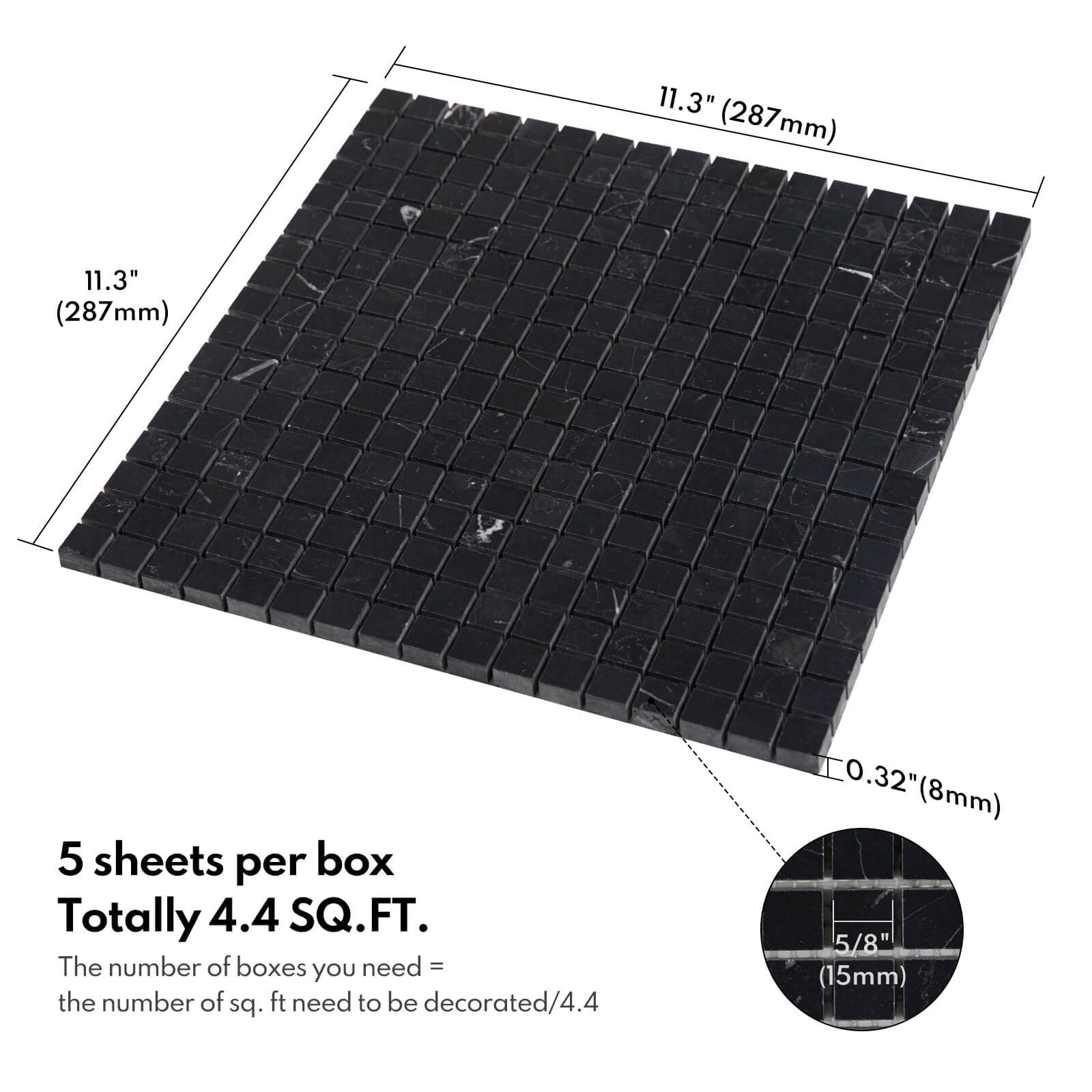 Nero Marquina Marble Stone 5/8 Inch Square Black Marble Mosaic Tile for Kitchen Wall Bathroom Shower Floor (5 Sheet, Honed)