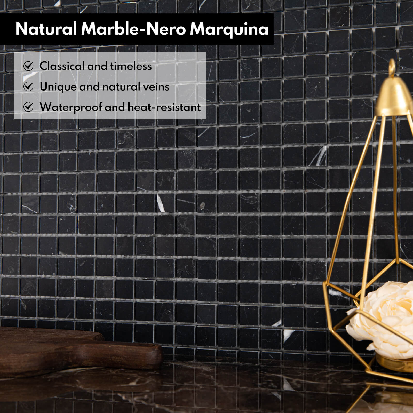 Nero Marquina Marble Stone 5/8 Inch Square Black Marble Mosaic Tile for Kitchen Wall Bathroom Shower Floor (5 Sheet, Honed)