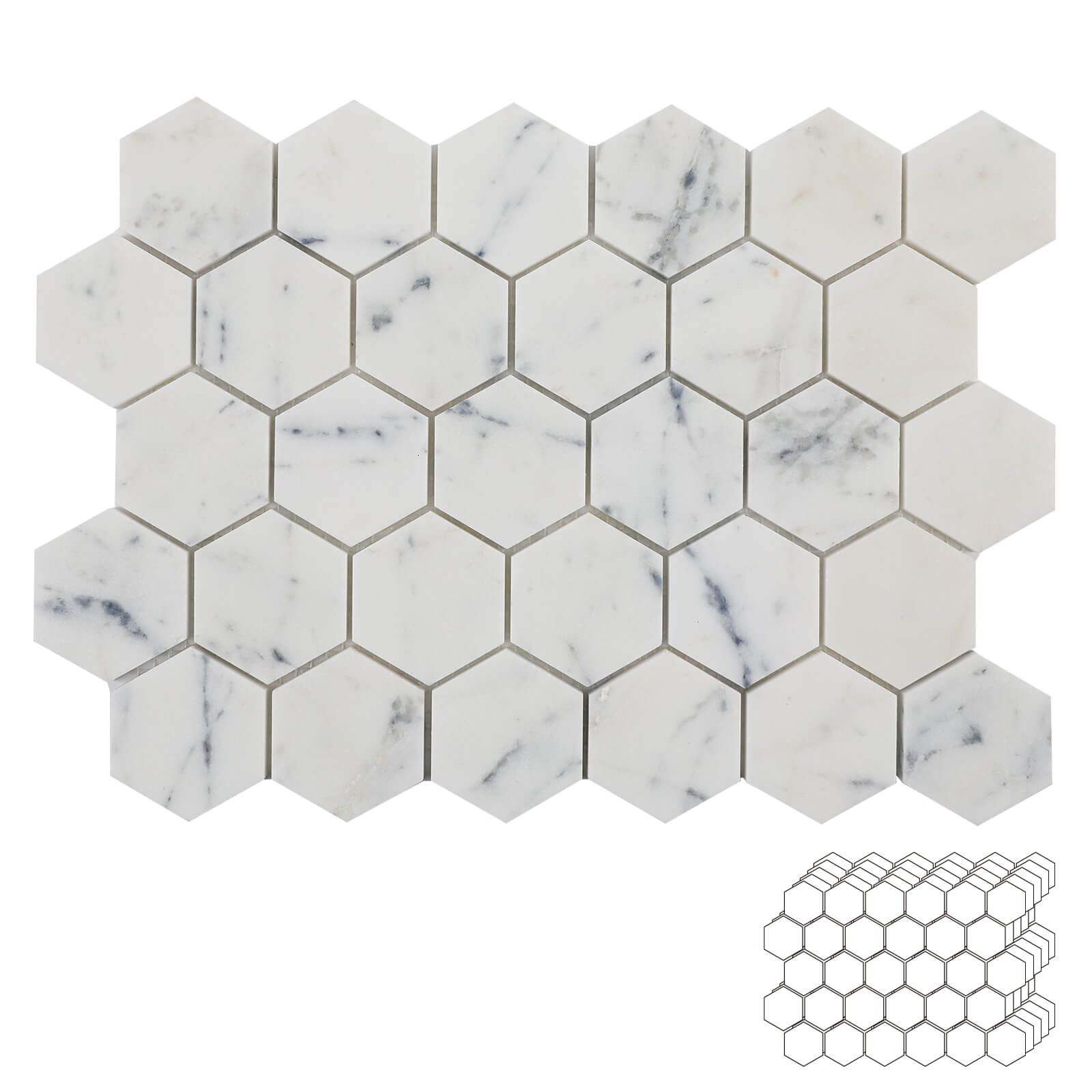 Lovdeco Contempo Blue Marble Stone 2 Inch Hexagon White Marble Mosaic Tile for Kitchen Wall Bathroom Shower Floor (5 Sheet, Honed)