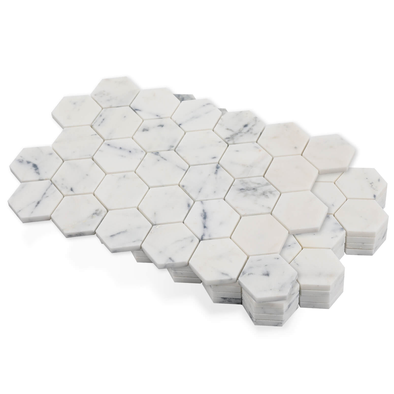 Lovdeco Contempo Blue Marble Stone 2 Inch Hexagon White Marble Mosaic Tile for Kitchen Wall Bathroom Shower Floor (5 Sheet, Honed)