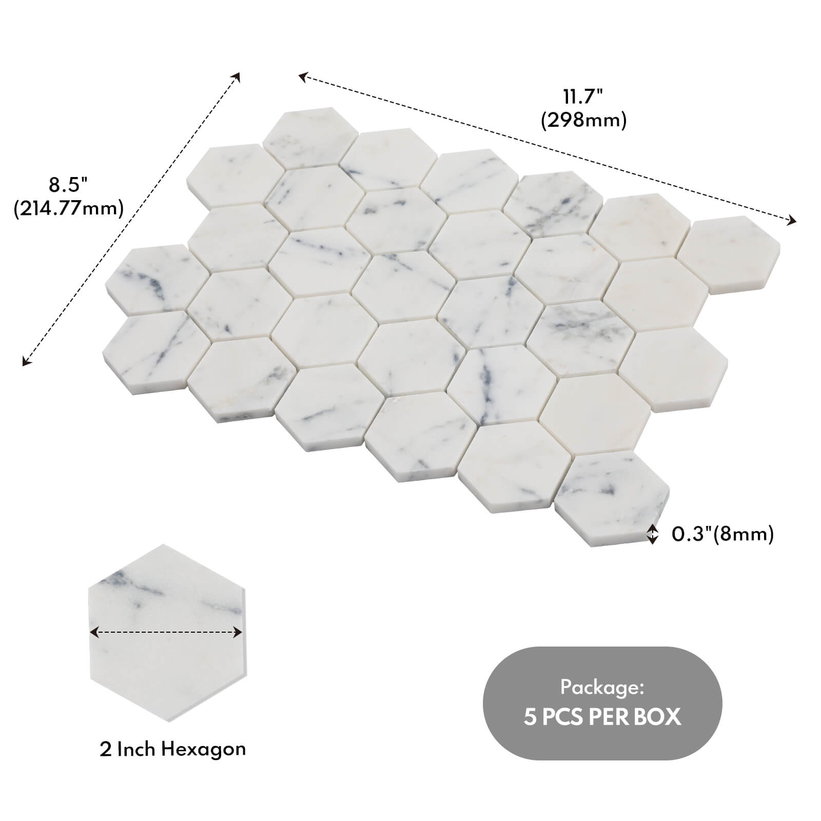 Lovdeco Contempo Blue Marble Stone 2 Inch Hexagon White Marble Mosaic Tile for Kitchen Wall Bathroom Shower Floor (5 Sheet, Honed)