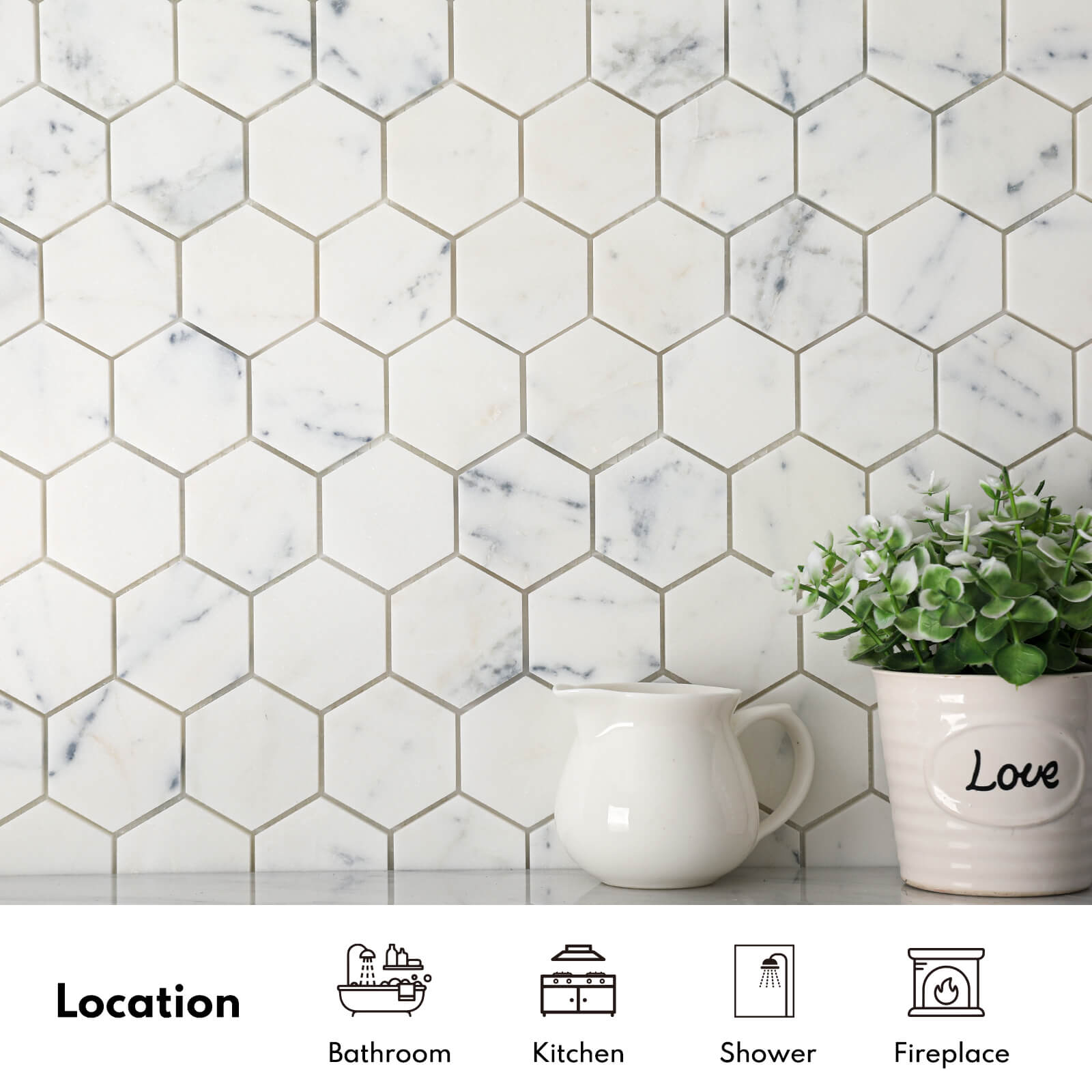 Lovdeco Contempo Blue Marble Stone 2 Inch Hexagon White Marble Mosaic Tile for Kitchen Wall Bathroom Shower Floor (5 Sheet, Honed)