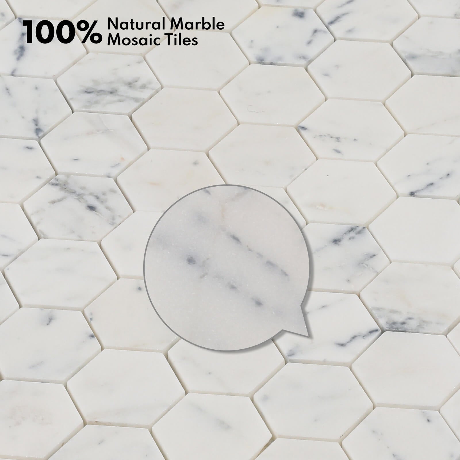 Lovdeco Contempo Blue Marble Stone 2 Inch Hexagon White Marble Mosaic Tile for Kitchen Wall Bathroom Shower Floor (5 Sheet, Honed)