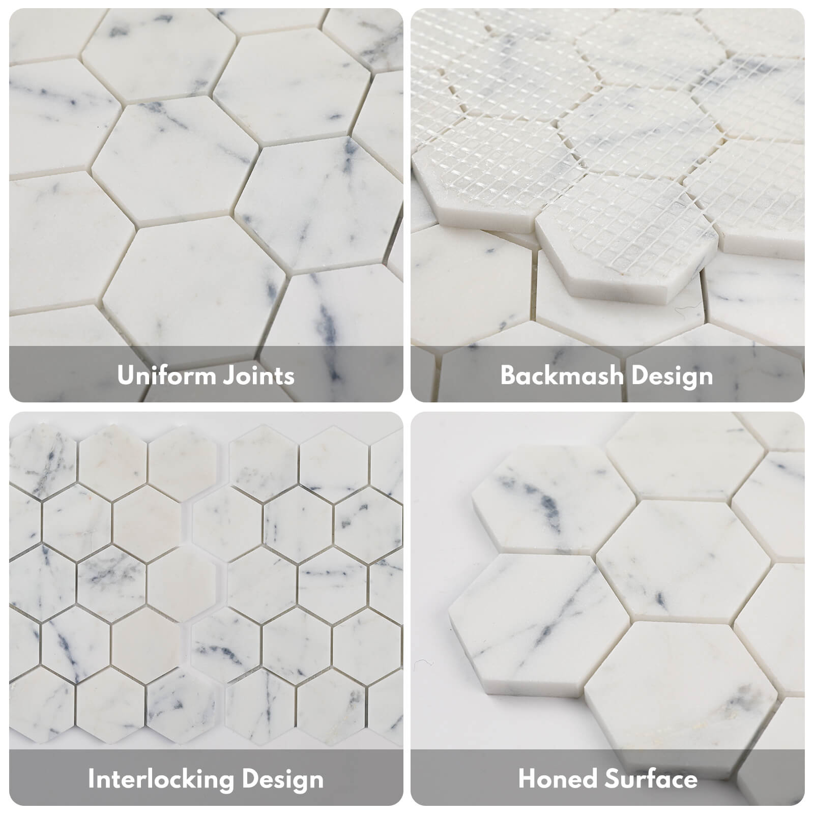 Lovdeco Contempo Blue Marble Stone 2 Inch Hexagon White Marble Mosaic Tile for Kitchen Wall Bathroom Shower Floor (5 Sheet, Honed)