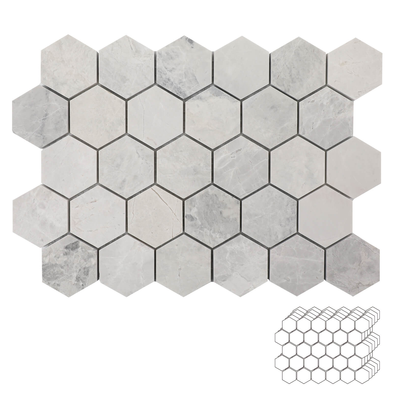 Lovdeco Andes Grey Marble Stone 2 Inch Hexagon White Marble Mosaic Tile for Kitchen Wall Bathroom Shower Floor (5 Sheet, Honed)