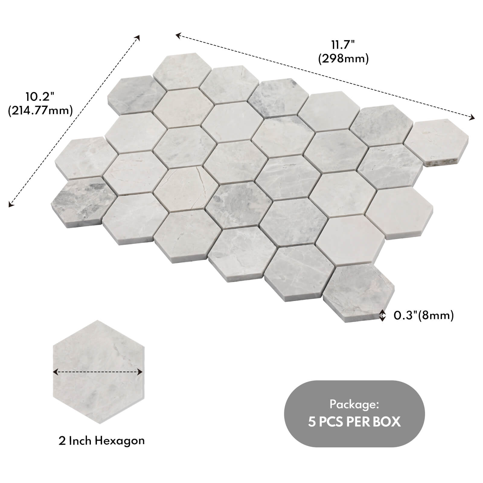 Lovdeco Andes Grey Marble Stone 2 Inch Hexagon White Marble Mosaic Tile for Kitchen Wall Bathroom Shower Floor (5 Sheet, Honed)