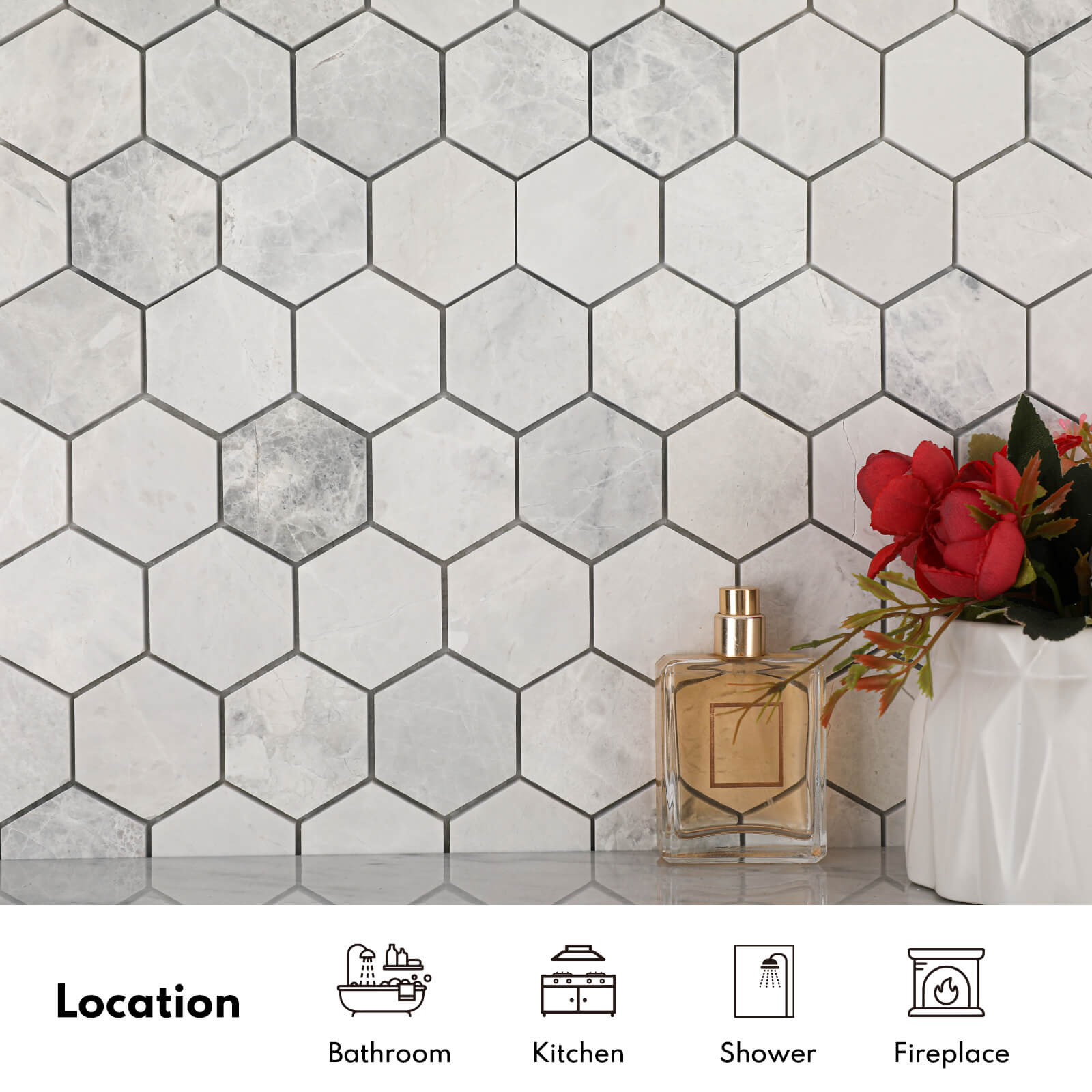 Lovdeco Andes Grey Marble Stone 2 Inch Hexagon White Marble Mosaic Tile for Kitchen Wall Bathroom Shower Floor (5 Sheet, Honed)