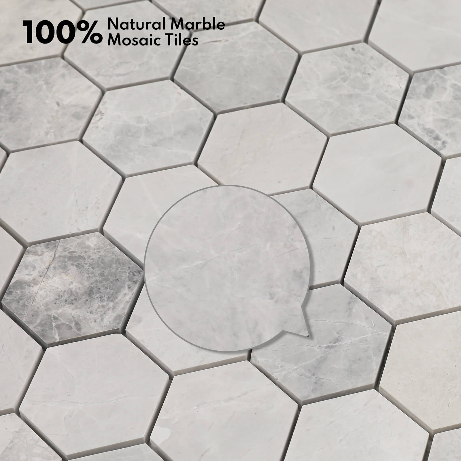 Lovdeco Andes Grey Marble Stone 2 Inch Hexagon White Marble Mosaic Tile for Kitchen Wall Bathroom Shower Floor (5 Sheet, Honed)