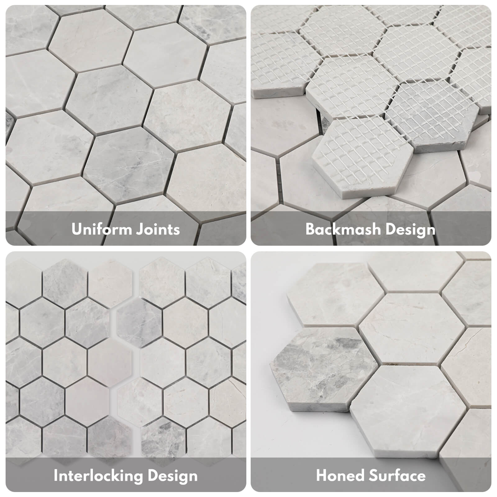 Lovdeco Andes Grey Marble Stone 2 Inch Hexagon White Marble Mosaic Tile for Kitchen Wall Bathroom Shower Floor (5 Sheet, Honed)
