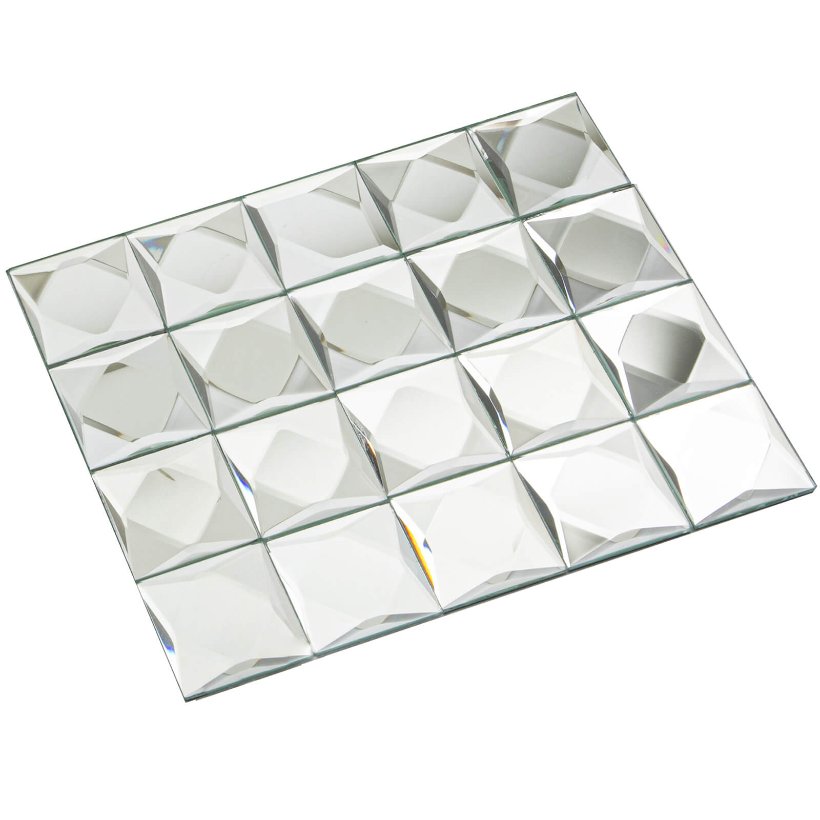 Peel And Stick 9 Faces Silver Beveled Mirror Mosaic Tile, Square, 12*10 Inches, Glossy, CR16