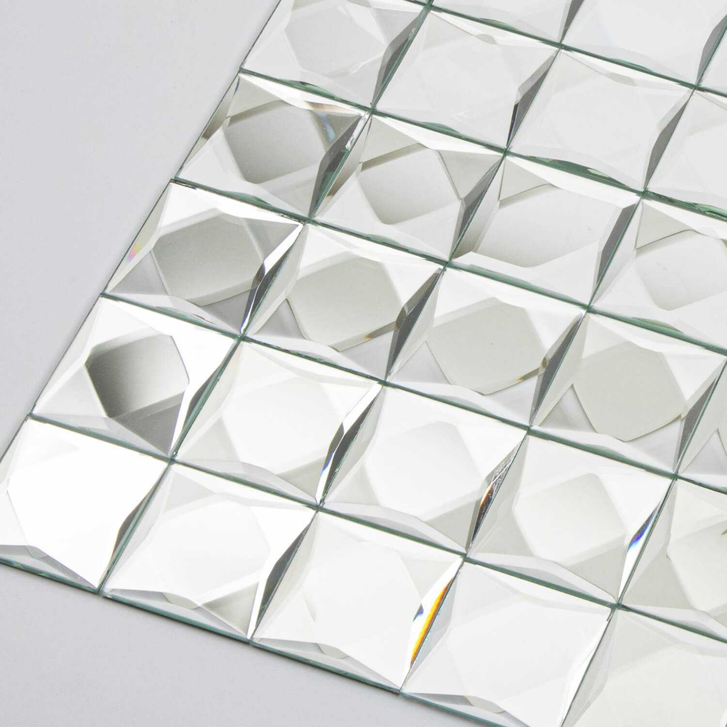 Peel And Stick 9 Faces Silver Beveled Mirror Mosaic Tile, Square, 12*10 Inches, Glossy, CR16