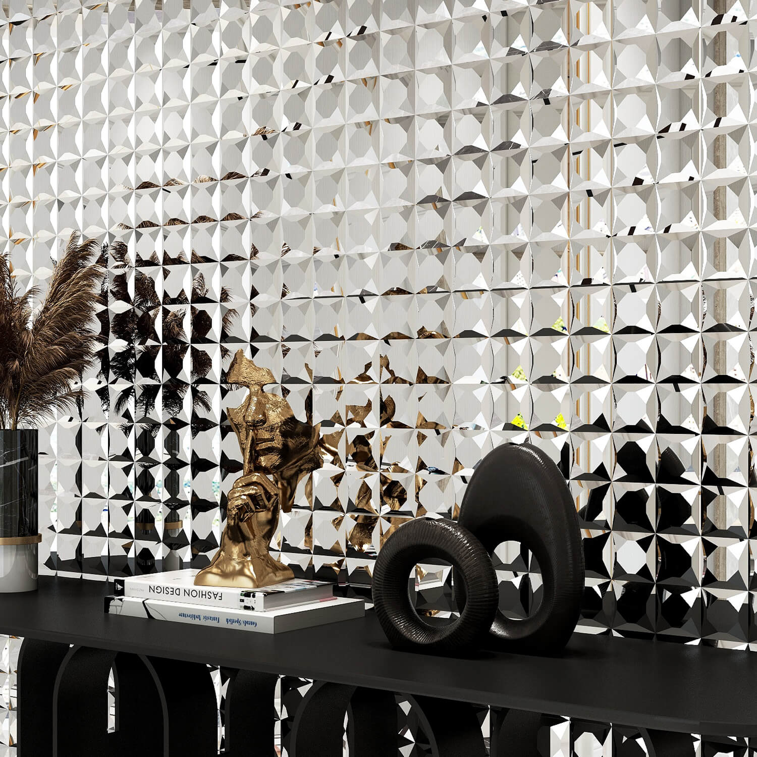 Peel And Stick 9 Faces Silver Beveled Mirror Mosaic Tile, Square, 12*10 Inches, Glossy, CR16