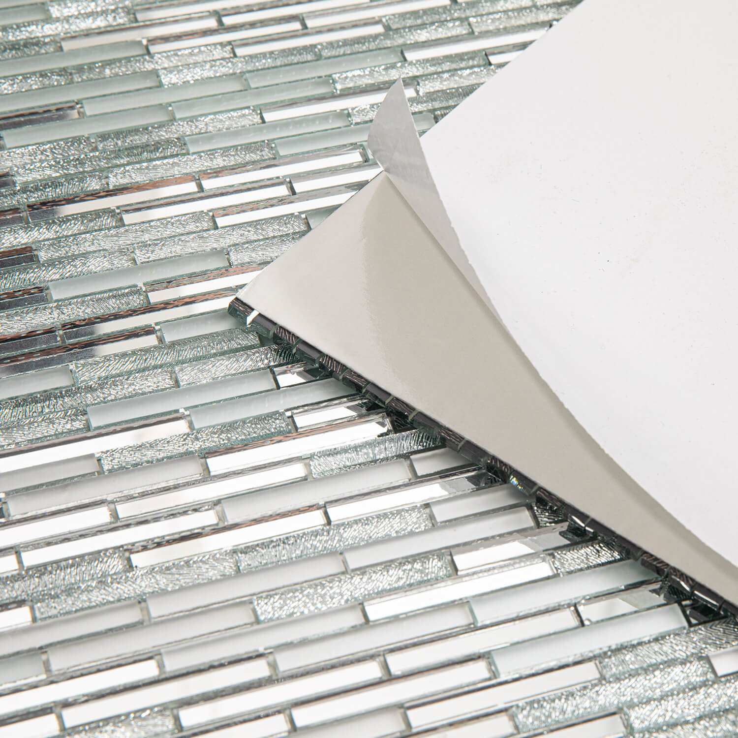 Peel And Stick Silver Mirror Glass Mosaic Tile, Strip, 12*10 Inches, Glossy, CR19