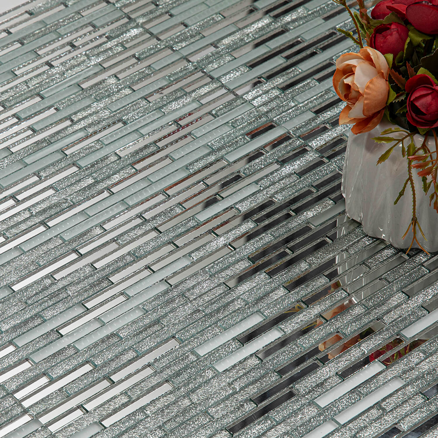 Peel And Stick Silver Mirror Glass Mosaic Tile, Strip, 12*10 Inches, Glossy, CR19