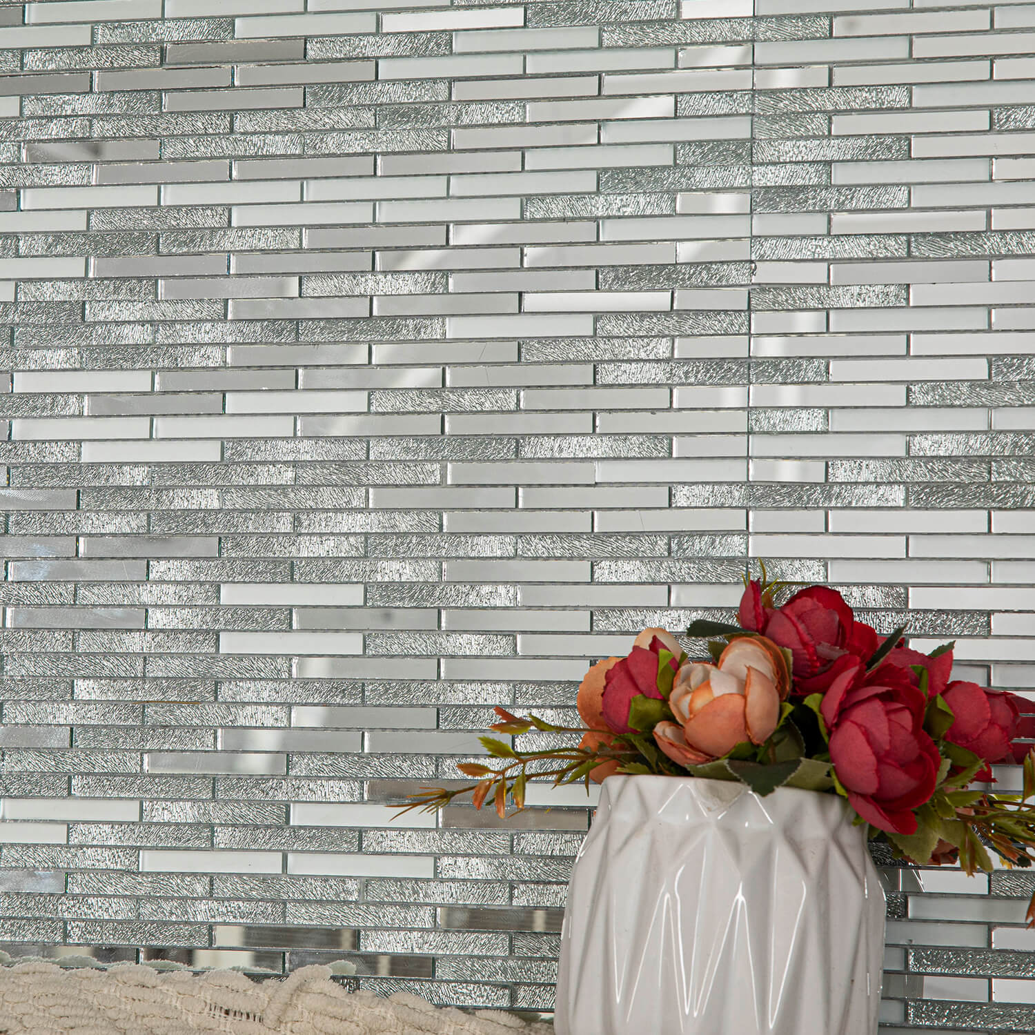 Peel And Stick Silver Mirror Glass Mosaic Tile, Strip, 12*10 Inches, Glossy, CR19