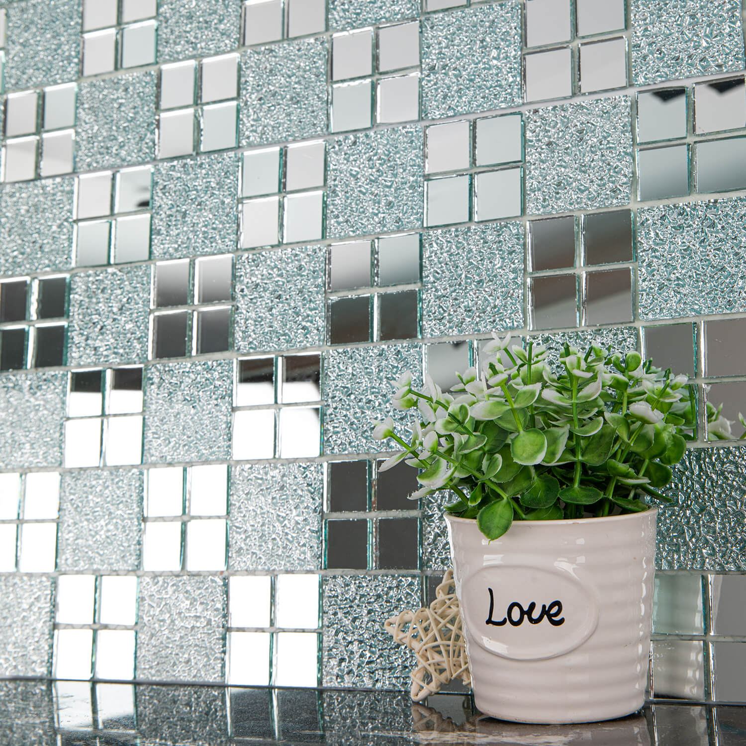 Peel And Stick Silver Mirror Glass Mosaic Tile, Square, 12*10 Inches, Glossy, CR22