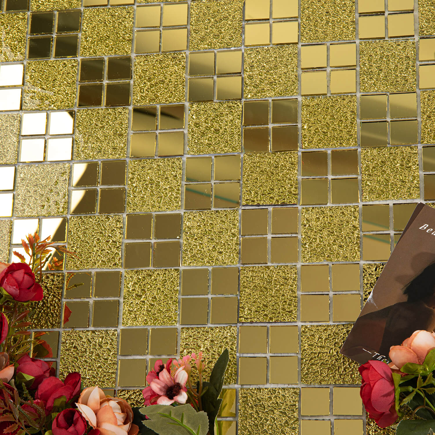 Peel And Stick Gold Mirror Glass Mosaic Tile, Square, 12*10 Inches, Glossy, CR23