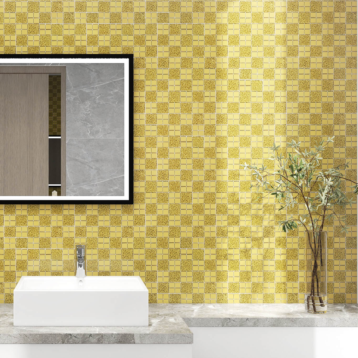 Peel And Stick Gold Mirror Glass Mosaic Tile, Square, 12*10 Inches, Glossy, CR23