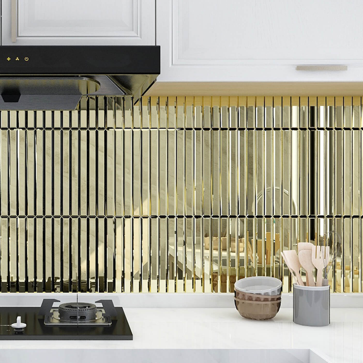 Peel And Stick Gold Beveled Mirror Tile, Strip, 12*12 Inches, Glossy, MT15