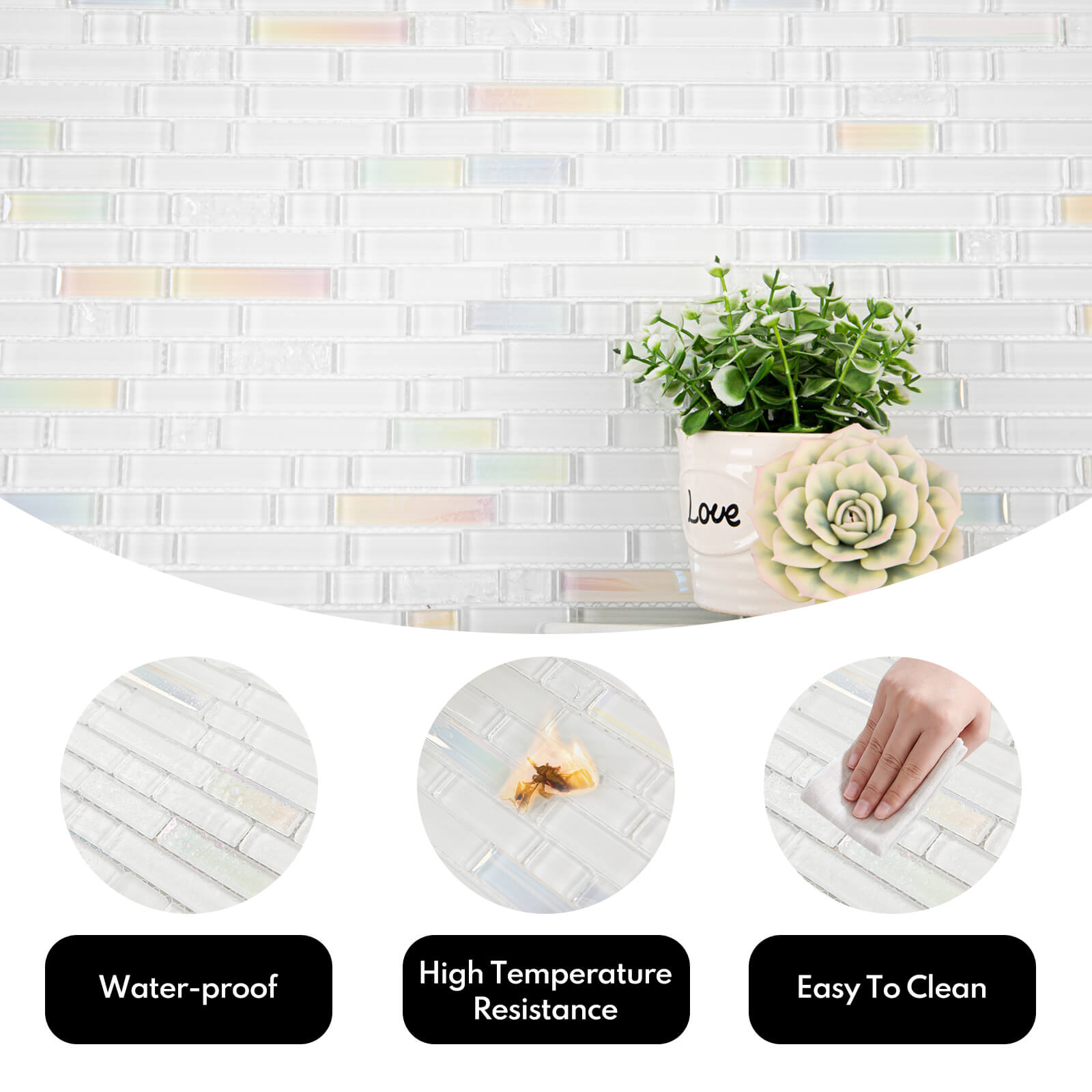 Lovdeco Glass Mosaic Tiles, White Strip Glass Backsplash for Kitchen Bathroom Shower Wall, 5 PCS, 4.8 SQ.FT.