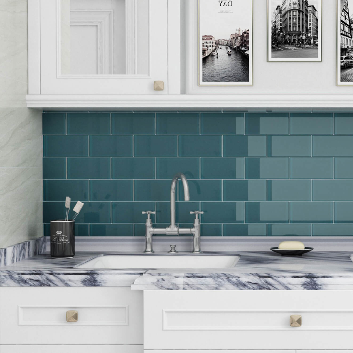 Glass Subway Tile, 3 x 6 Inch, 4 Sq Ft, Dark Teal Glass for Bathroom Wall and Kitchen Backsplash, 32-Pack