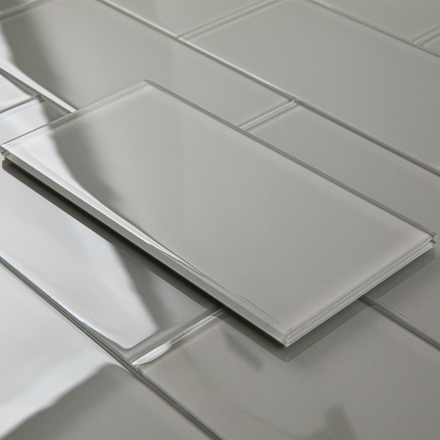 Peel and Stick Glass Subway Tile, 3 x 6 Inch, 5 Sq Ft, Light Grey Glass for Bathroom Kitchen Backsplash Wall, 40-Pack