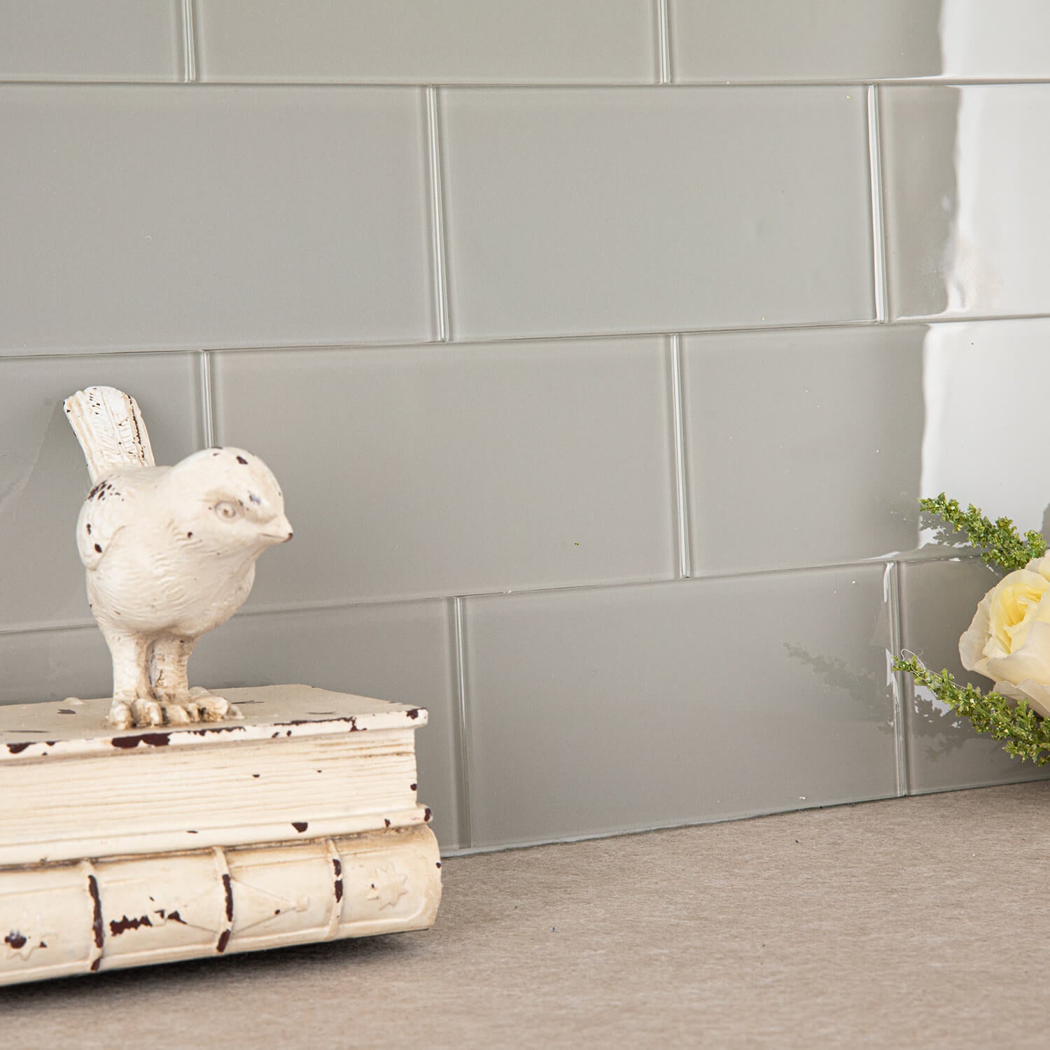 Peel and Stick Glass Subway Tile, 3 x 6 Inch, 5 Sq Ft, Light Grey Glass for Bathroom Kitchen Backsplash Wall, 40-Pack