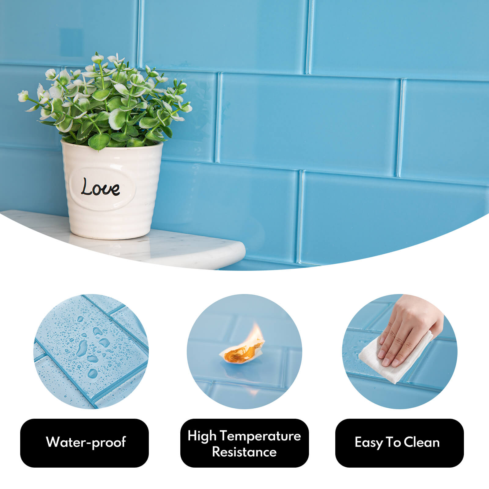 Blue Glass Subway Tile, Glass for Bathroom Kitchen Shower Backsplash Wall, 3 x 6 Inches, 4 Sq.Ft.