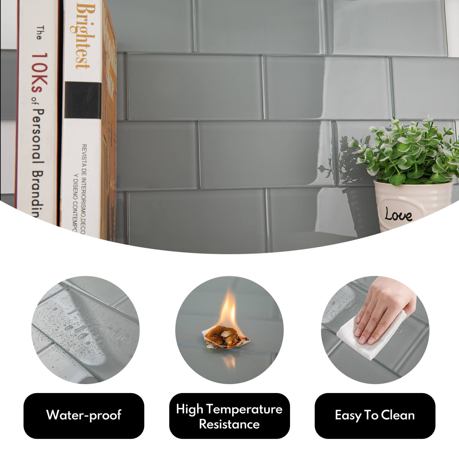 Grey Glass Subway Tile, Glass for Bathroom Kitchen Shower Backsplash Wall, 3 x 6 Inches, 4 Sq.Ft.