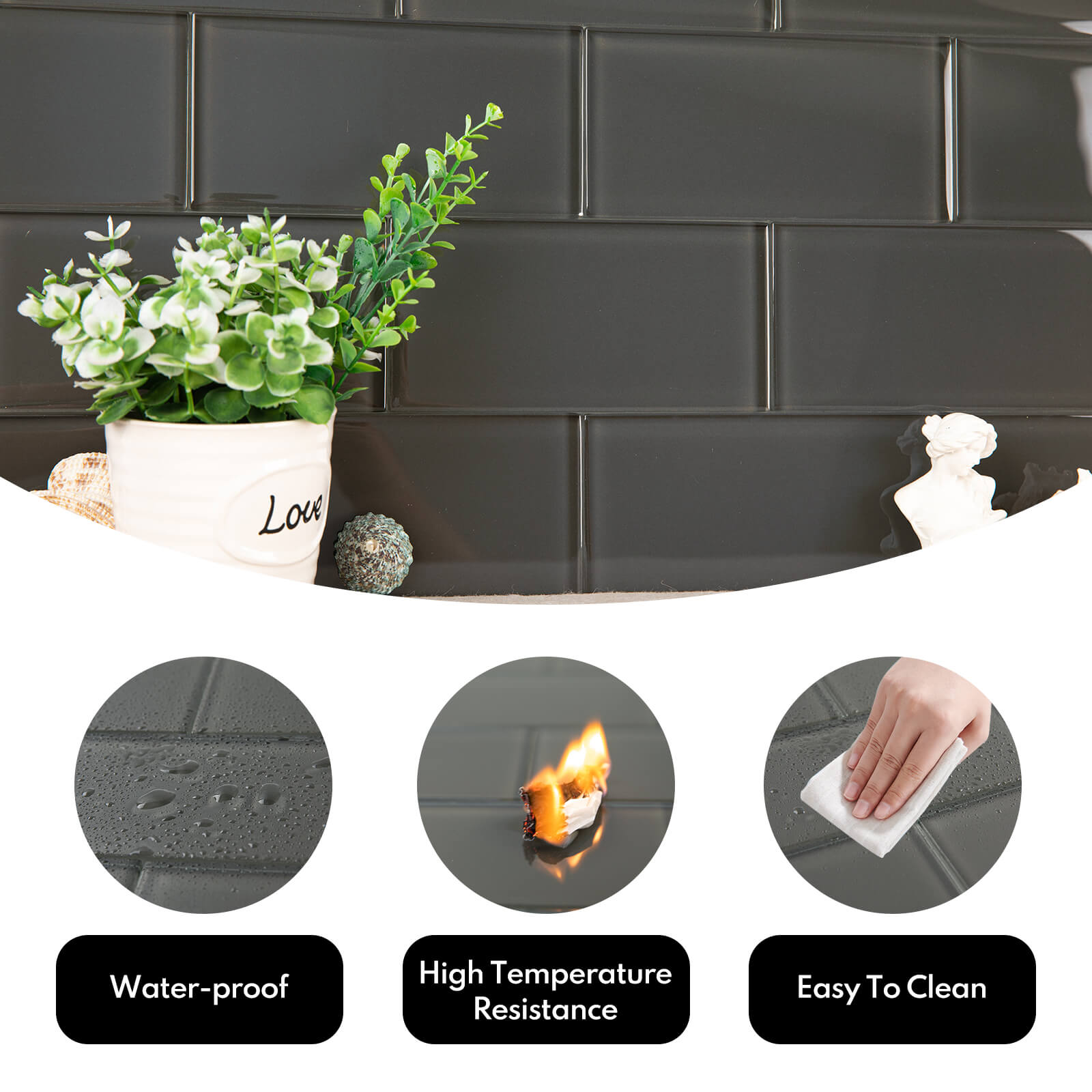 Dark Grey Glass Subway Tile, Glass for Bathroom Kitchen Shower Backsplash Wall, 3 x 6 Inches, 4 Sq.Ft.