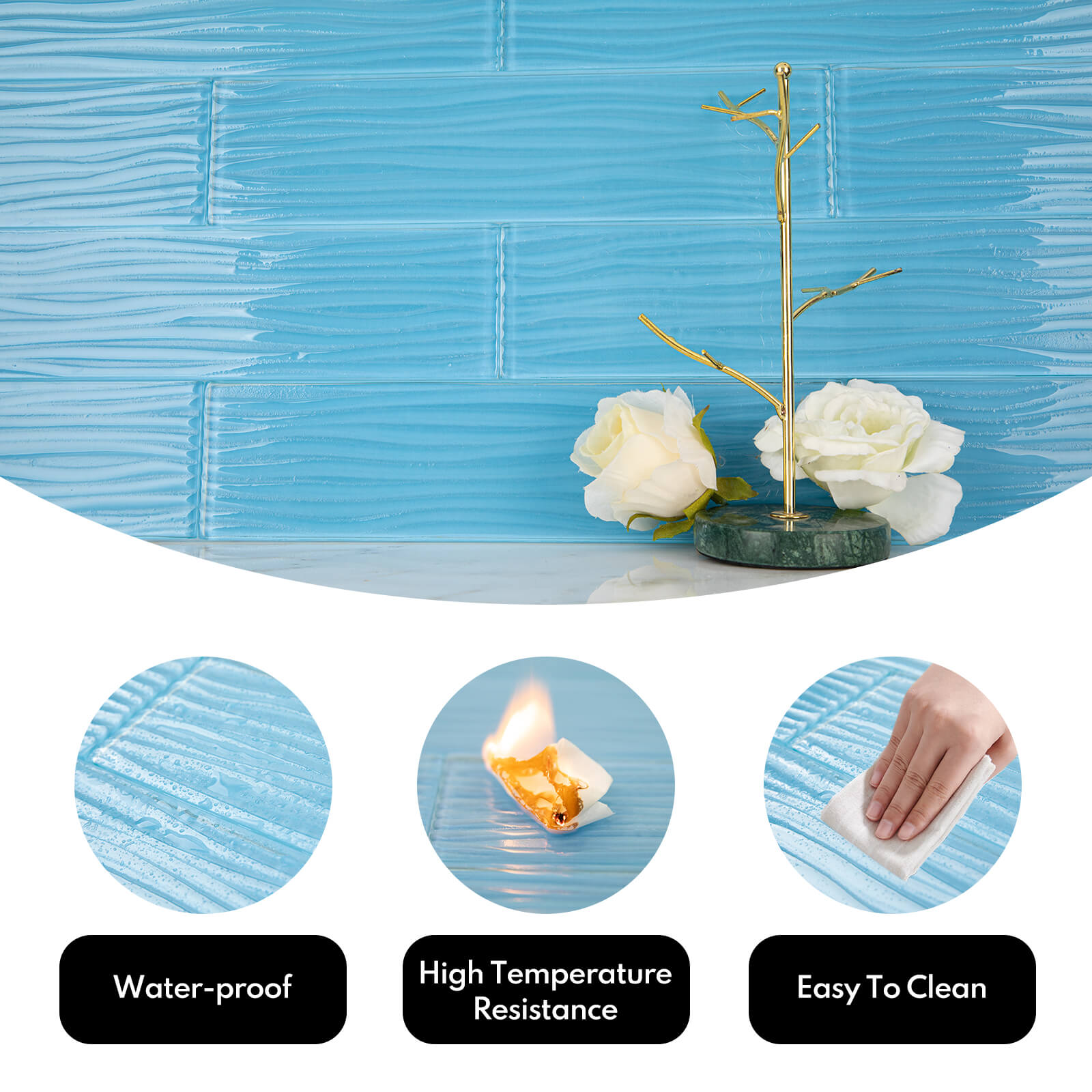 Blue Water Wave Glass Subway Tile, Glass for Bathroom Kitchen Backsplash Wall, 3 x 12 Inch, 4 Sq.Ft.