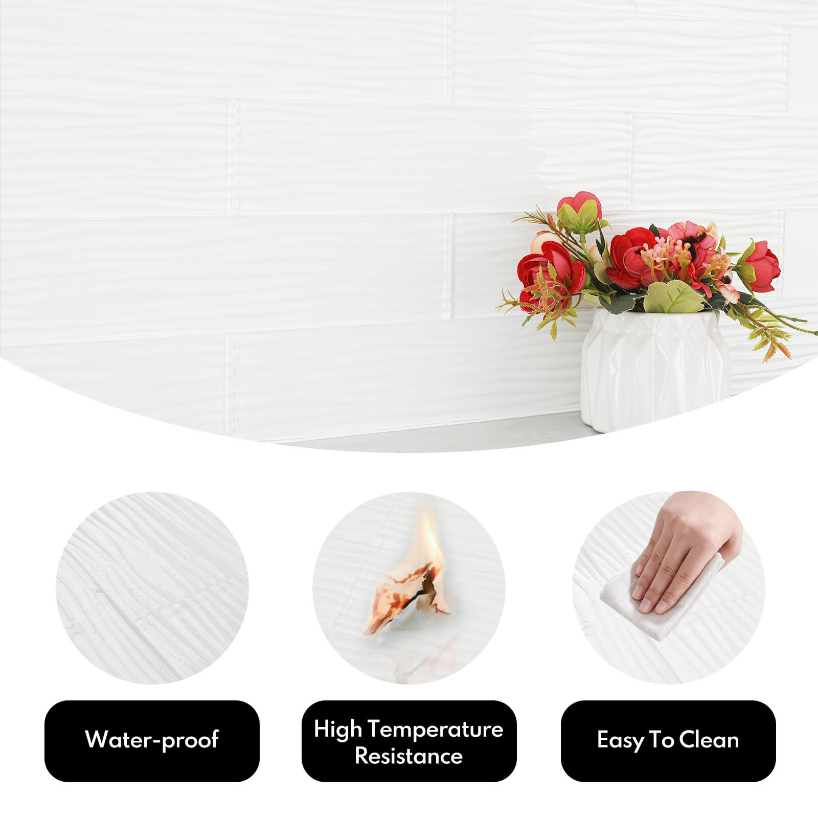 White Water Wave Glass Subway Tile, Glass for Bathroom Kitchen Backsplash Wall, 3 x 12 Inch, 4 Sq.Ft.