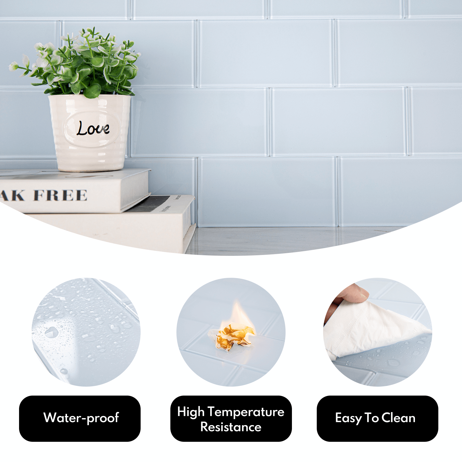 Peel and Stick Glass Subway Tile, 3 x 6 Inch, 5 Sq Ft, Ice Blue Glass for Bathroom Kitchen Backsplash Wall, 40-Pack