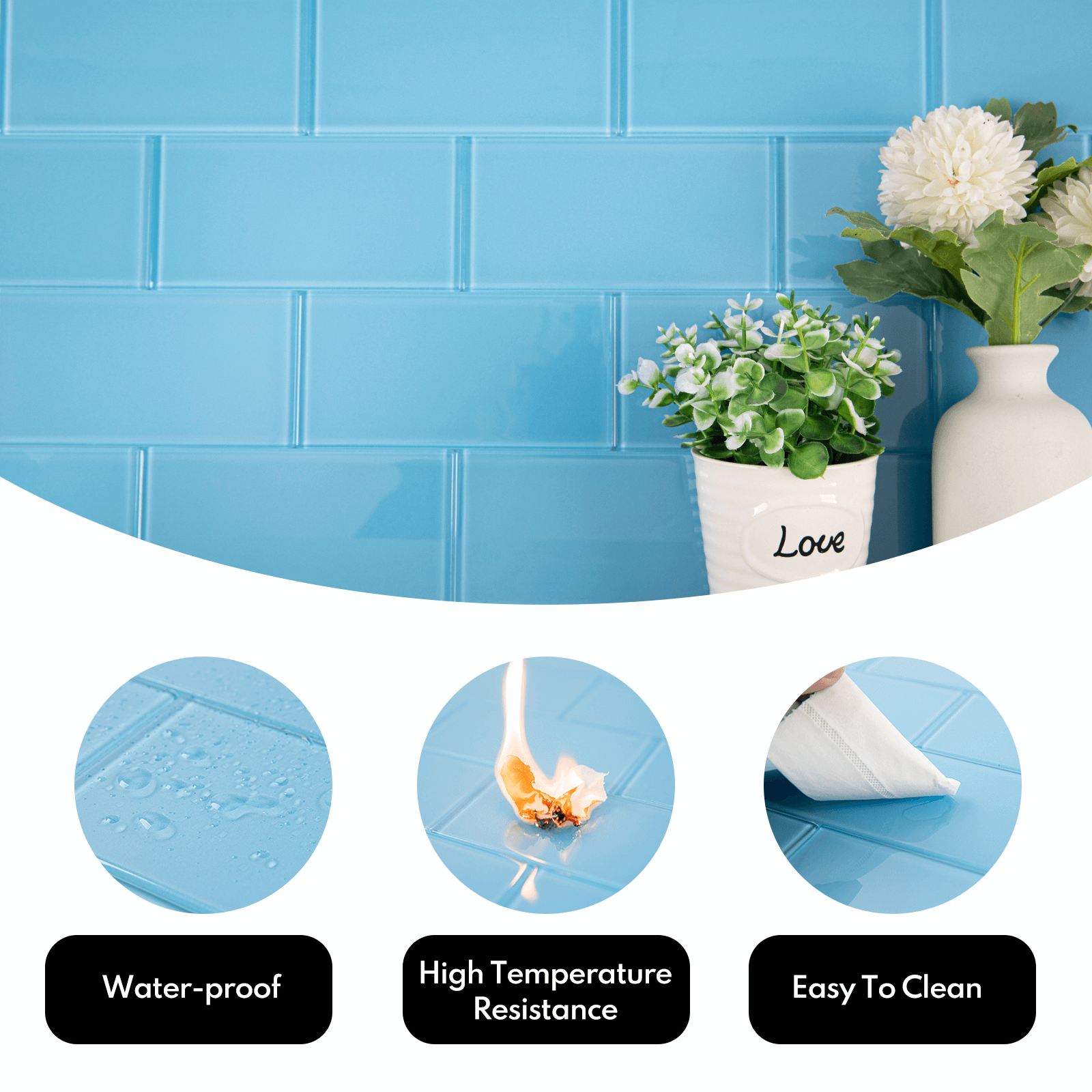 Peel and Stick Glass Subway Tile, 3 x 6 Inch, 5 Sq Ft, Blue Glass for Bathroom Kitchen Backsplash Wall, 40-Pack