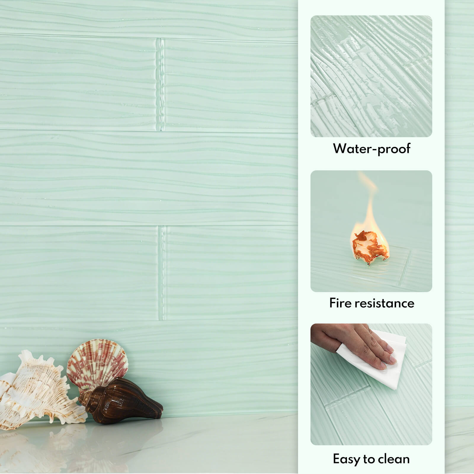 Lovdeco Peel and Stick Glass Subway Tile, 3 x 12 Inch, 5 Sq Ft, Light Green Water Wave Glass for Bathroom Kitchen Backsplash Wall, 20-Pack