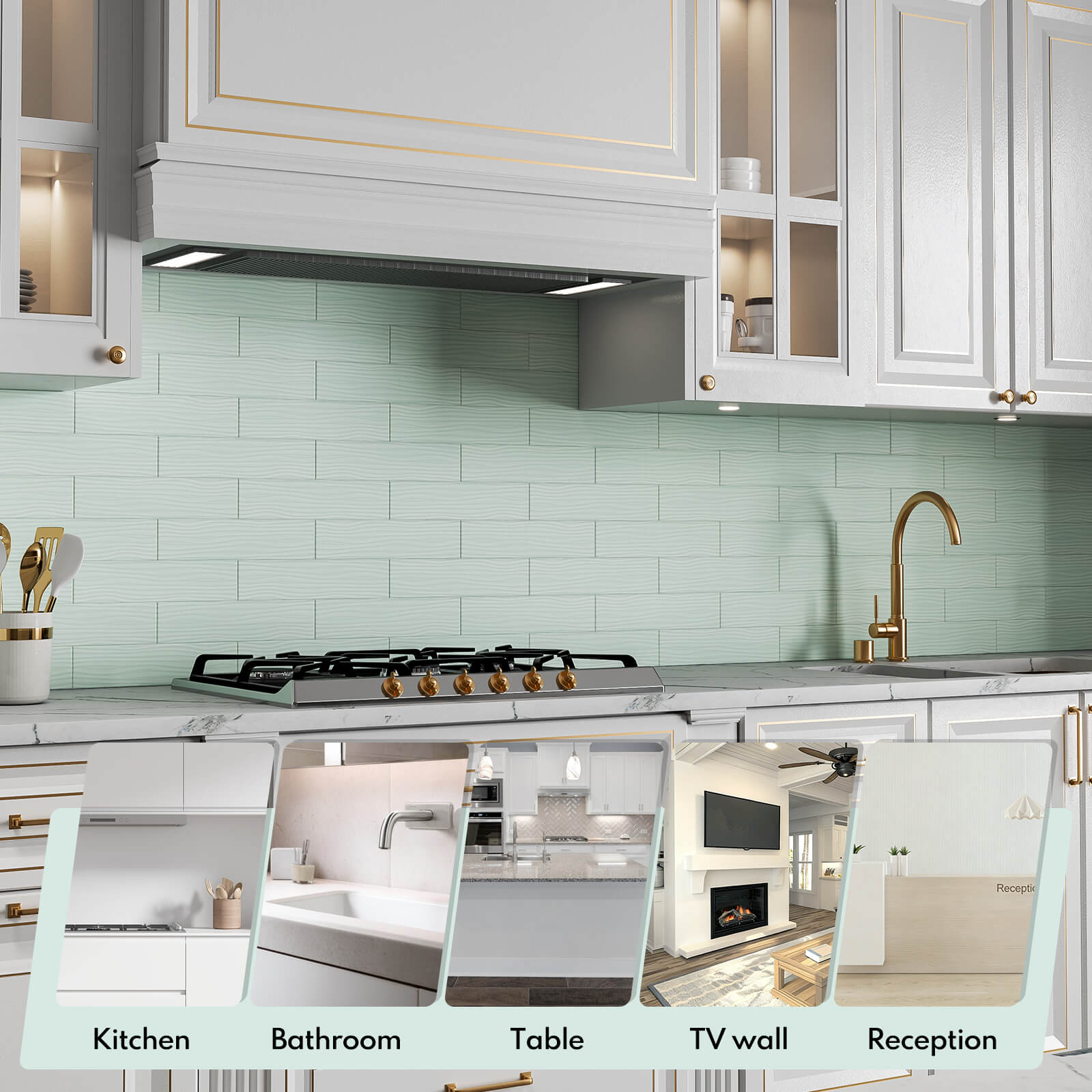 Lovdeco Peel and Stick Glass Subway Tile, 3 x 12 Inch, 5 Sq Ft, Light Green Water Wave Glass for Bathroom Kitchen Backsplash Wall, 20-Pack