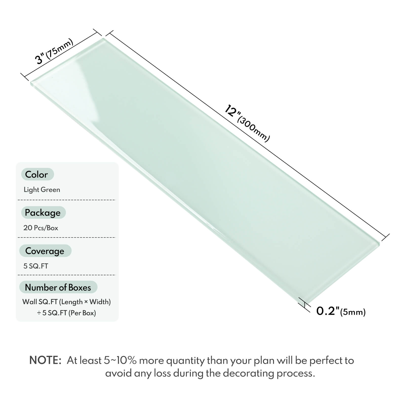 Lovdeco Peel and Stick Glass Subway Tile, 3 x 12 Inch, 5 Sq Ft, Light Green Glass for Bathroom Kitchen Backsplash Wall, 20-Pack