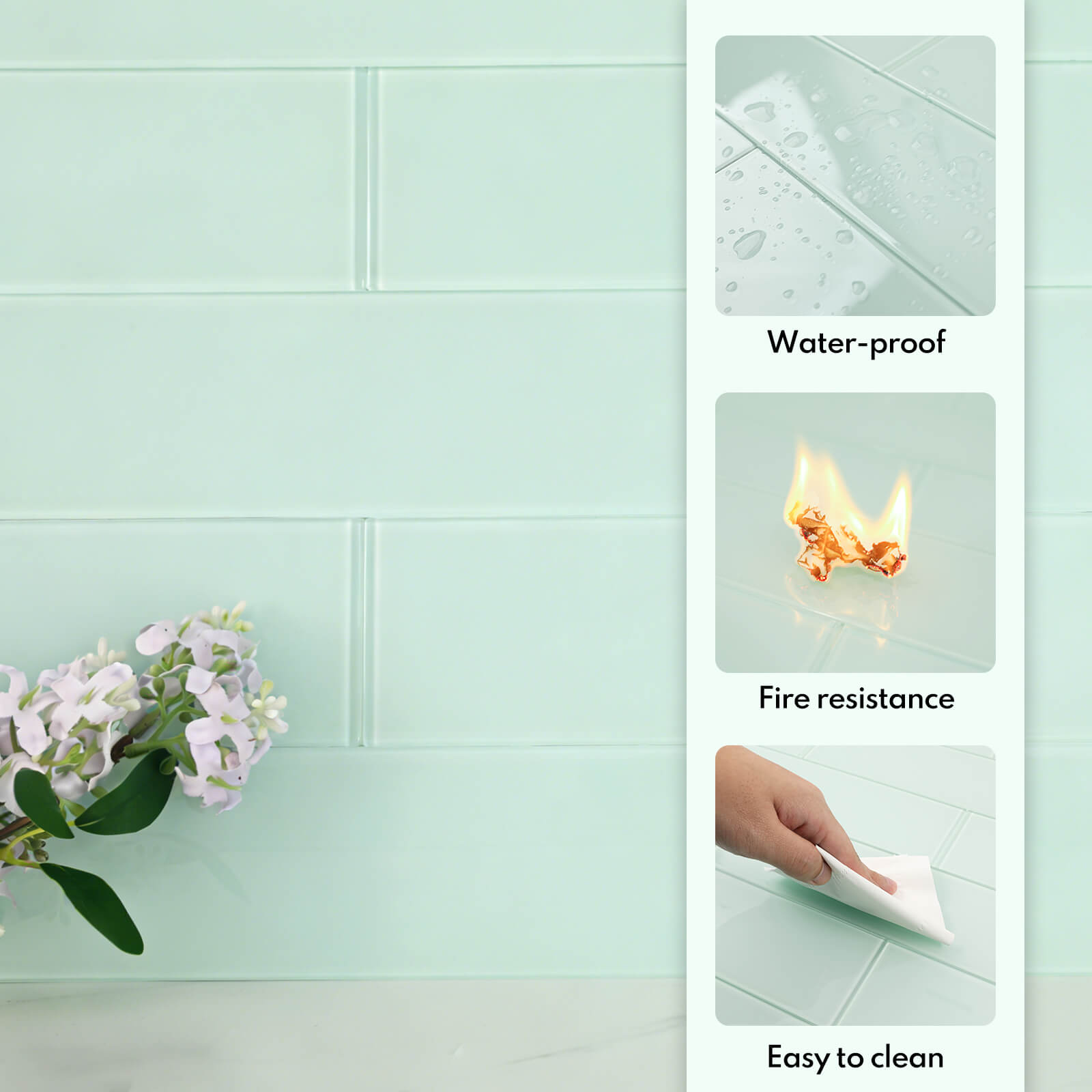 Lovdeco Peel and Stick Glass Subway Tile, 3 x 12 Inch, 5 Sq Ft, Light Green Glass for Bathroom Kitchen Backsplash Wall, 20-Pack