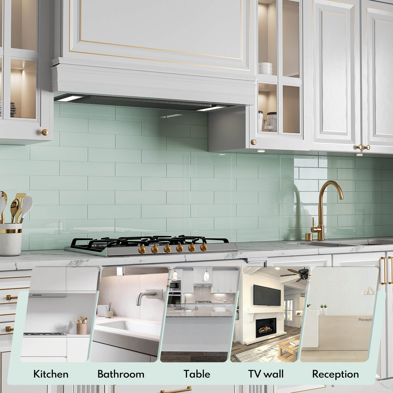 Lovdeco Peel and Stick Glass Subway Tile, 3 x 12 Inch, 5 Sq Ft, Light Green Glass for Bathroom Kitchen Backsplash Wall, 20-Pack