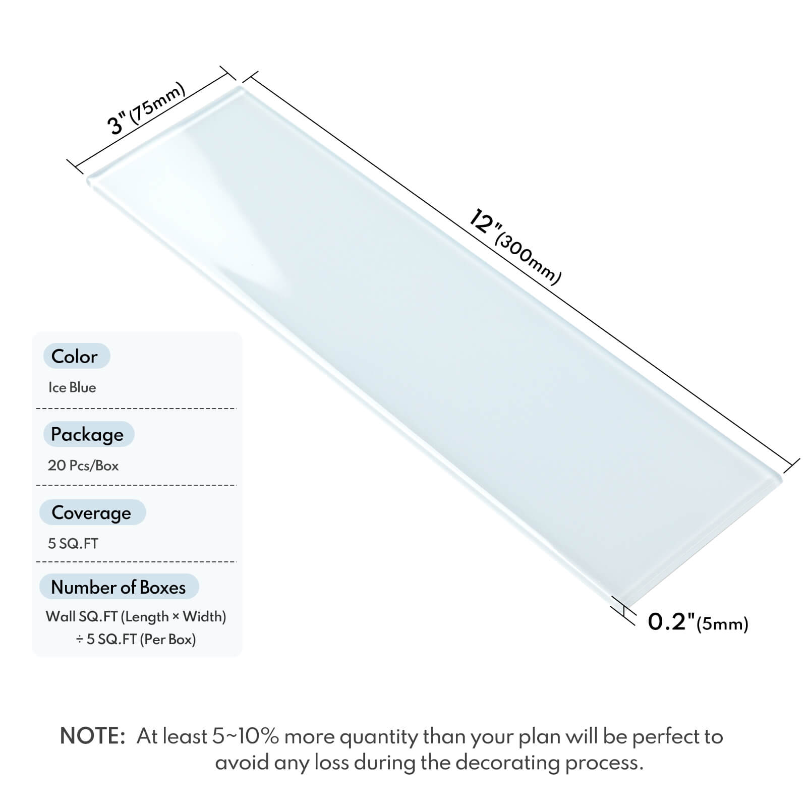 Lovdeco Peel and Stick Glass Subway Tile, 3 x 12 Inch, 5 Sq Ft, Ice Blue Glass for Bathroom Kitchen Backsplash Wall, 20-Pack
