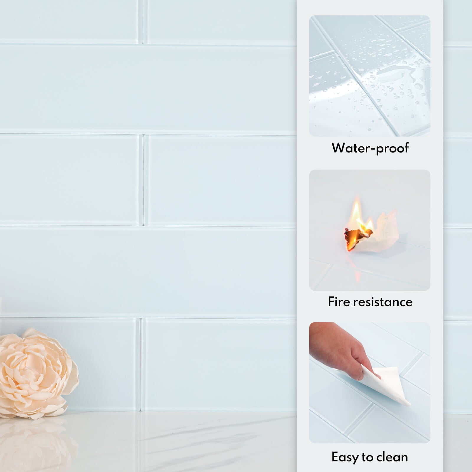 Lovdeco Peel and Stick Glass Subway Tile, 3 x 12 Inch, 5 Sq Ft, Ice Blue Glass for Bathroom Kitchen Backsplash Wall, 20-Pack