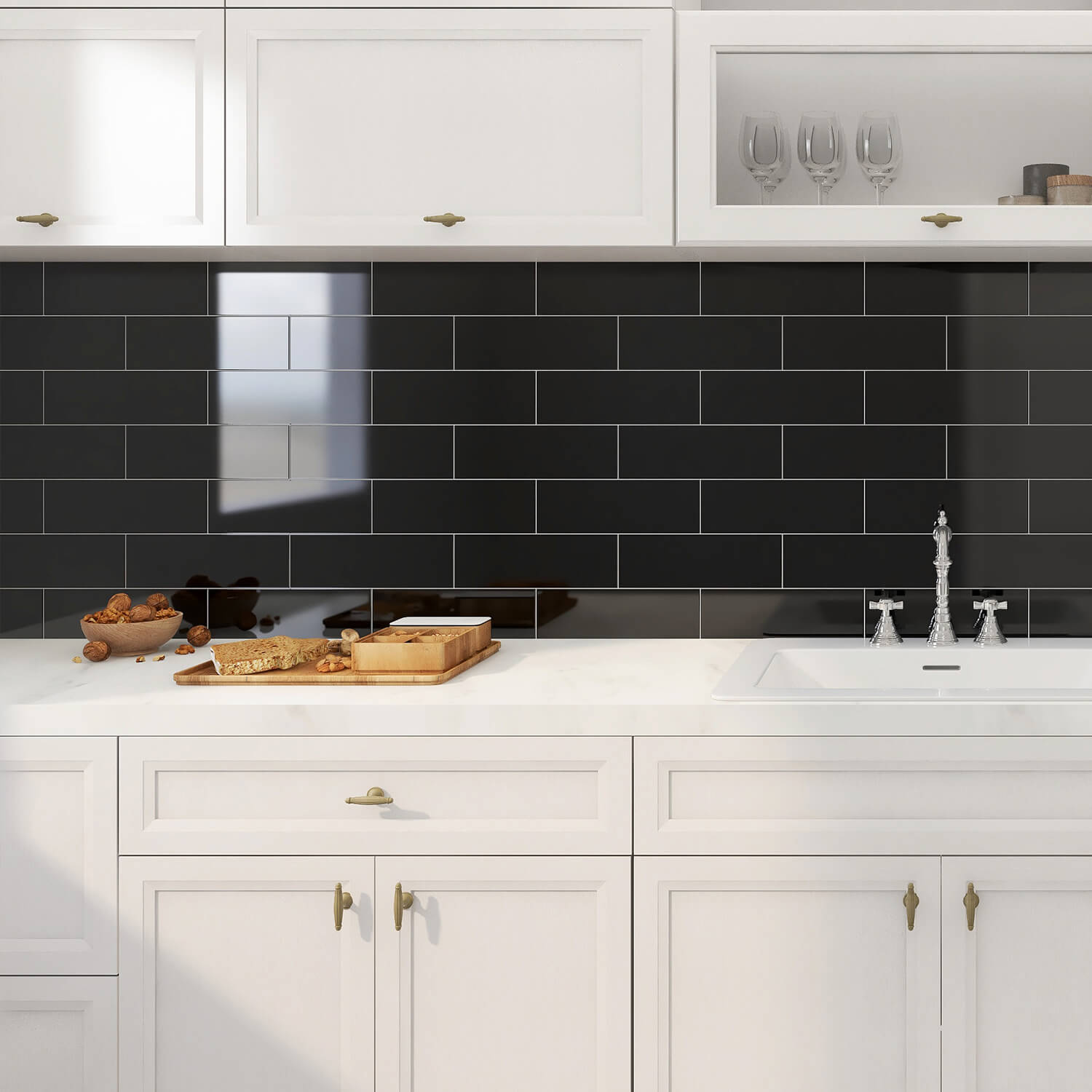 Black Glass Subway Tile, Glass for Bathroom Kitchen Shower Backsplash Wall, 4 x 12 Inches, 4 Sq.Ft.